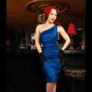 Pinup Couture - Vivien Dress in Dark Blue Stretch Taffeta